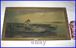 Antique 1901 Country Folk Art Primitive Girl Boat Marsh Lake Oil Board Painting