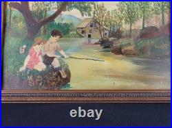 Antique 1930 Folk Art Countryside Fishing Painting Primitive Naive Lovers