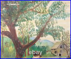 Antique 1930 Folk Art Countryside Fishing Painting Primitive Naive Lovers
