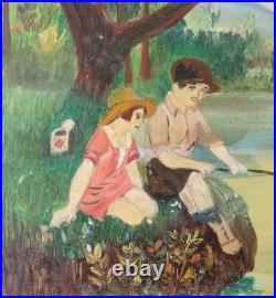 Antique 1930 Folk Art Countryside Fishing Painting Primitive Naive Lovers