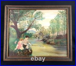 Antique 1930 Folk Art Countryside Fishing Painting Primitive Naive Lovers