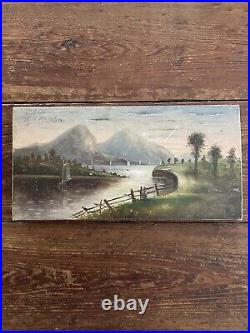 Antique 1943 Folk Art Rural River Mountains Oil Painting on Wooden Board Maine