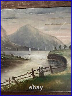 Antique 1943 Folk Art Rural River Mountains Oil Painting on Wooden Board Maine