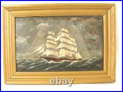 Antique 19C Folk Art Clipper Ship Seascape O/Panel Painting