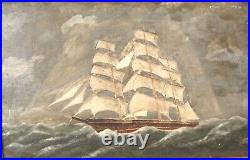 Antique 19C Folk Art Clipper Ship Seascape O/Panel Painting