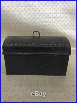 Antique 19C Folk Art Painted Flowers Tin Toleware Covered Document Box
