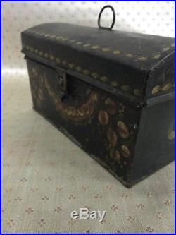 Antique 19C Folk Art Painted Flowers Tin Toleware Covered Document Box