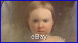 Antique 19C Oval Folk Art Portrait of Young Girl Painting With Frame