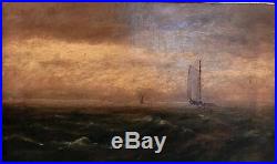 Antique 19C c1885 Nautical Oil PaintingFolk Art Seascape of Sailboats & The Sea