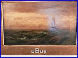 Antique 19C c1885 Nautical Oil PaintingFolk Art Seascape of Sailboats & The Sea