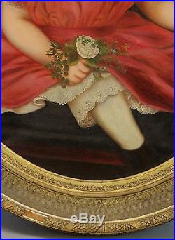 Antique 19thC American Folk Art Life Size Portrait Oil Painting Girl, White Rose