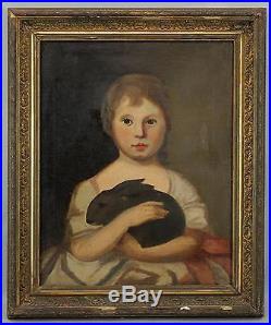 Antique 19thC Folk Art Portrait Oil Painting, Young Girl with Bunny Rabbit NR