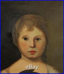 Antique 19thC Folk Art Portrait Oil Painting, Young Girl with Bunny Rabbit NR