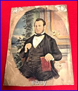 Antique 19thC Folk Art Watercolor Portrait Gentleman Minister Scholar Book 9x7