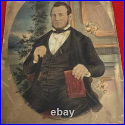 Antique 19thC Folk Art Watercolor Portrait Gentleman Minister Scholar Book 9x7