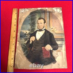 Antique 19thC Folk Art Watercolor Portrait Gentleman Minister Scholar Book 9x7
