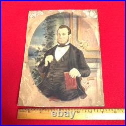 Antique 19thC Folk Art Watercolor Portrait Gentleman Minister Scholar Book 9x7