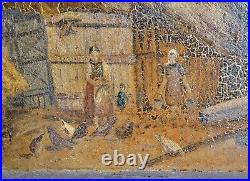 Antique 19thC LARGE FARM PAINTING O/C FAMILY FEEDING CHICKENS Folk Art Primitive