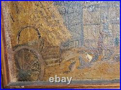 Antique 19thC LARGE FARM PAINTING O/C FAMILY FEEDING CHICKENS Folk Art Primitive