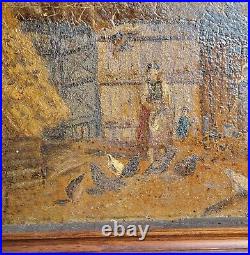 Antique 19thC LARGE FARM PAINTING O/C FAMILY FEEDING CHICKENS Folk Art Primitive