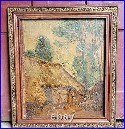 Antique 19thC LARGE FARM PAINTING O/C FAMILY FEEDING CHICKENS Folk Art Primitive