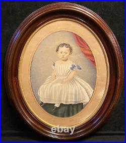 Antique 19thC. Victorian Little Grl Portrait Hand Colored Dp Well Frame Folk Art