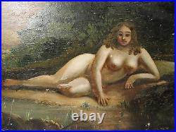 Antique 19th American Folk Art Rubenesque Nude Bosom Blonde Beauty Painting