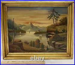 Antique 19th C. Early American West Point Folk Art Oil Painting Hudson River NY
