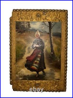 Antique 19th C European Oil Painting Dutch Girl, Signed K. S. Outcalt, Gold Frame
