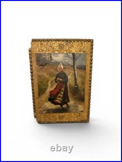 Antique 19th C European Oil Painting Dutch Girl, Signed K. S. Outcalt, Gold Frame