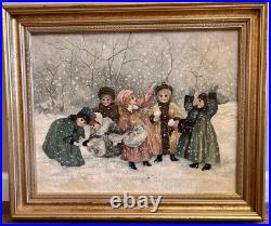 Antique 19th C Folk Art Of Six Girls Playing In Snow