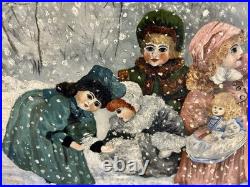 Antique 19th C Folk Art Of Six Girls Playing In Snow
