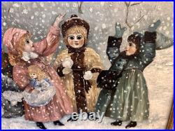 Antique 19th C Folk Art Of Six Girls Playing In Snow