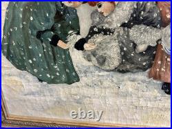 Antique 19th C Folk Art Of Six Girls Playing In Snow