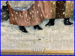 Antique 19th C Folk Art Of Six Girls Playing In Snow
