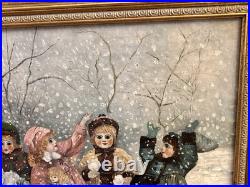 Antique 19th C Folk Art Of Six Girls Playing In Snow