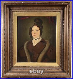 Antique 19th C. Oil Portrait Painting Pretty Woman Early American Folk Art Lady