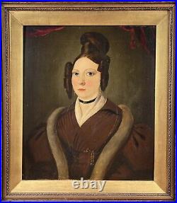 Antique 19th C. Oil Portrait Painting Pretty Woman Early American Folk Art Lady