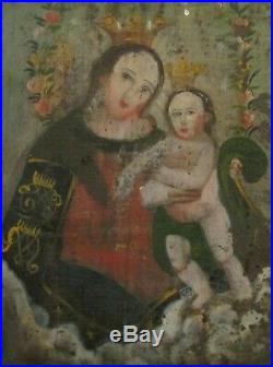 Antique 19th C. Spanish Mexican Retablo Devotional Folk Art Painting Mother & Ch