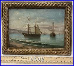 Antique 19th C. Tall Ships American Seascape Primitive Folk Sketch Painting O/B