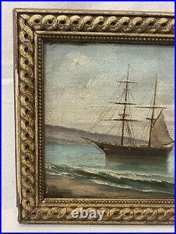 Antique 19th C. Tall Ships American Seascape Primitive Folk Sketch Painting O/B