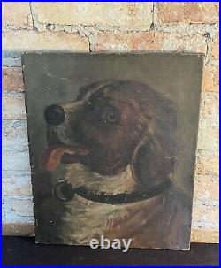 Antique 19th Century Acrylic Painting Dog Puppy Old Canvas Folk Art Americana