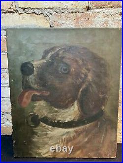 Antique 19th Century Acrylic Painting Dog Puppy Old Canvas Folk Art Americana
