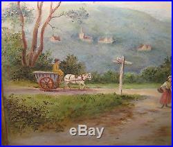 Antique 19th Century'COUNTRYSIDE FAMILY HOME' Folk Art OIL PAINTING -Horse Cart