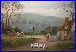 Antique 19th Century'COUNTRYSIDE FAMILY HOME' Folk Art OIL PAINTING -Horse Cart