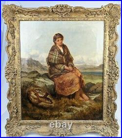 Antique 19th Century English School Oil On Canvas Landscape Pesant Woman With Fish