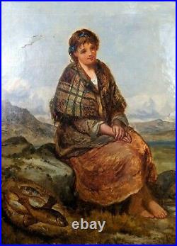 Antique 19th Century English School Oil On Canvas Landscape Pesant Woman With Fish