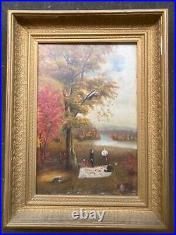 Antique 19th Century Folk Art Oil Painting on Board Gathering Nuts or Fruit