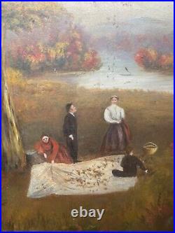Antique 19th Century Folk Art Oil Painting on Board Gathering Nuts or Fruit