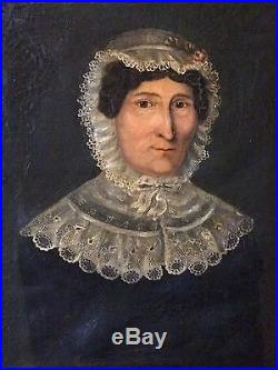 Antique 19th Century Folk Art Painting Portrait Woman In Lace Bonnet
